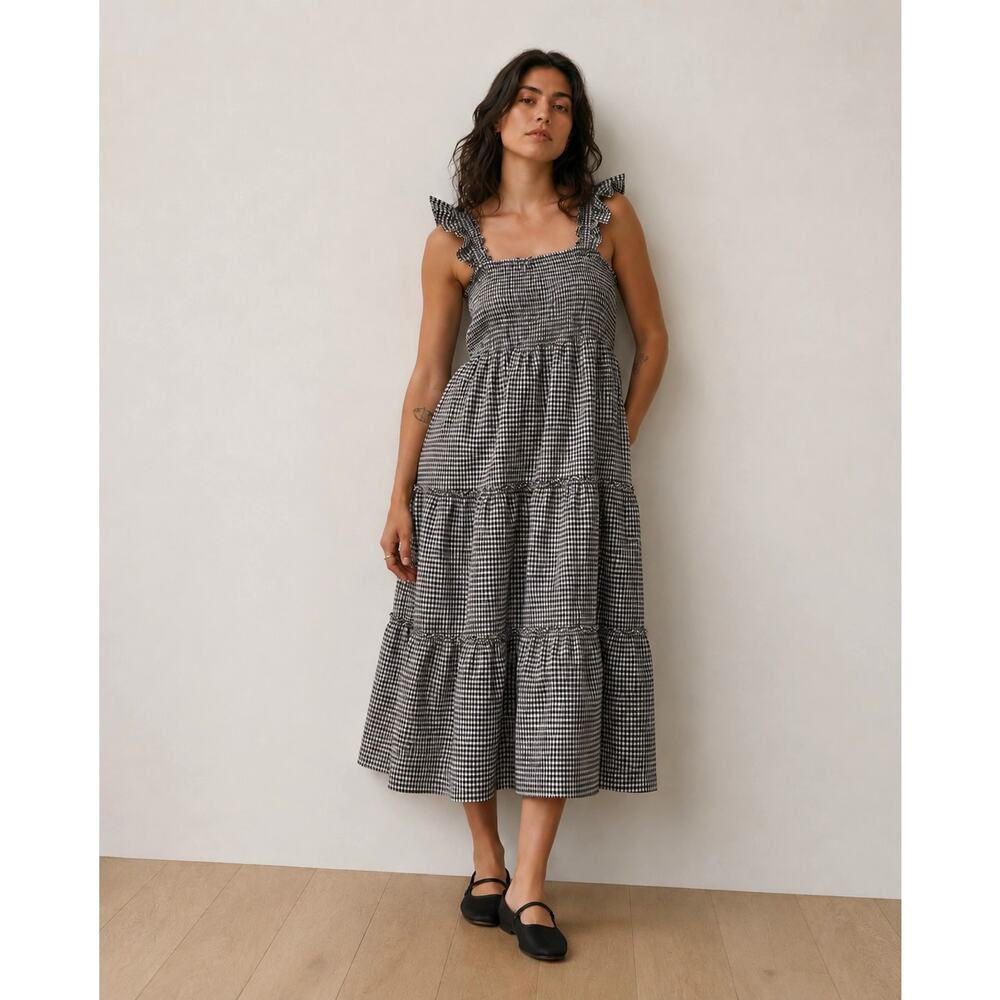 Sugar + Lips Gingham Smocked Midi Dress Ruffle Tiered Cottagecore USA Size L